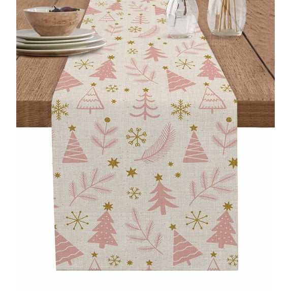 Christmas Tree Table Runner 70 Inches, Winter Xmas Pink Pine Snowflake on Linen Bed Runner Dresser Scarves Tabletop for Indoor Outdoor Parties/Ceremony/Banquet, 13" x 70"