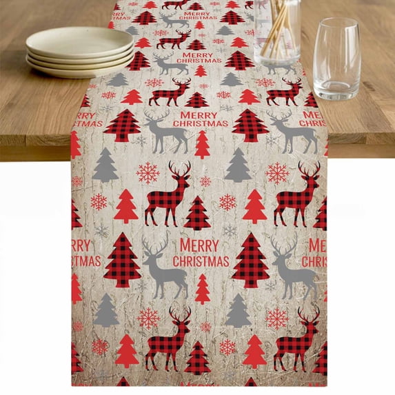 Christmas Tree Table Runner 72 Inches Long Farmhouse Dress Scarves, Buffalo Plaid Xmas Elk Snowflake Vintage Dining Tablerunner for Coffee Table/Kitchen Island/Party Décor, 13" x 72"
