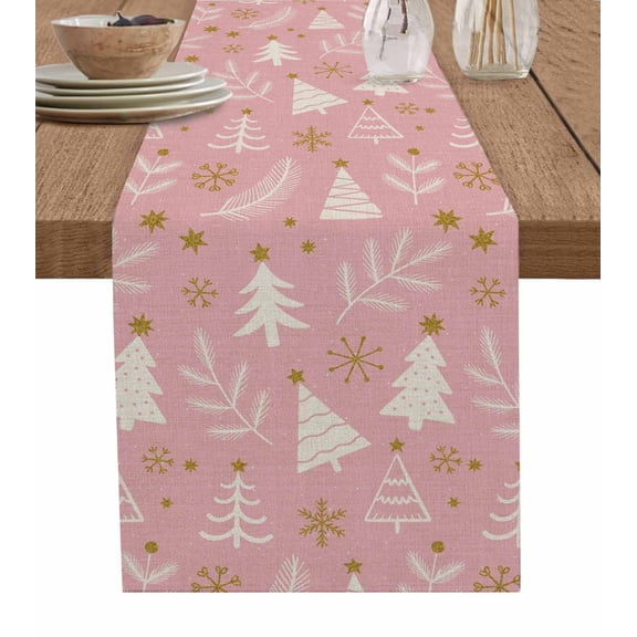 Christmas Tree Table Runner 90 Inches, Winter Xmas Pine Leaf Snowflake Pink Bed Runner Dresser Scarves Tabletop for Indoor Outdoor Parties/Ceremony/Banquet, 13" x 90"