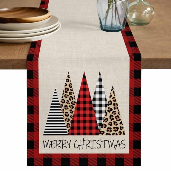 Christmas Tree Table Runner 90 Inches, Xmas Buffalo Plaid Leopard Print Retro Beige Bed Runner Dresser Scarves Tabletop for Indoor Outdoor Parties/Ceremony/Banquet, 13" x 90"