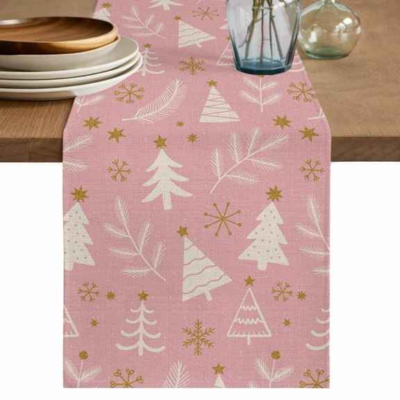 Christmas Tree Table Runner, Gold Star Snowflakes Winter Pink Background Cotton Linen Kitchen Table Decoration Washable Dining Tabletop Runners for Home Party Decor 13x36 Inches