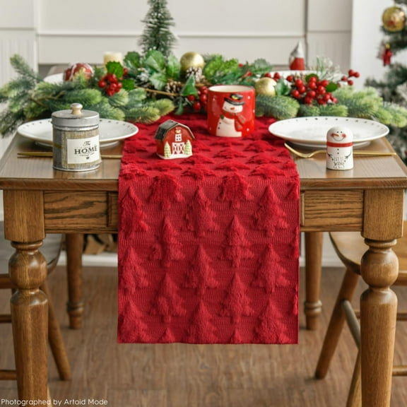 Christmas Tree Table Runner Jacquard Christmas Tree Dinner Table Runner Xmas Holiday Kitchen Dining Decoration for Winter Holiday Kitchen Party Home Decor, 13x72 Inch