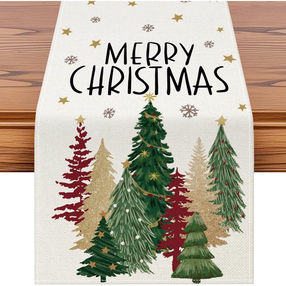 Christmas Tree Table Runner, Xmas Winter Snowflakes Holiday Kitchen Dining Table Decoration for Christmas Home Decor 13x108 Inch-Beige
