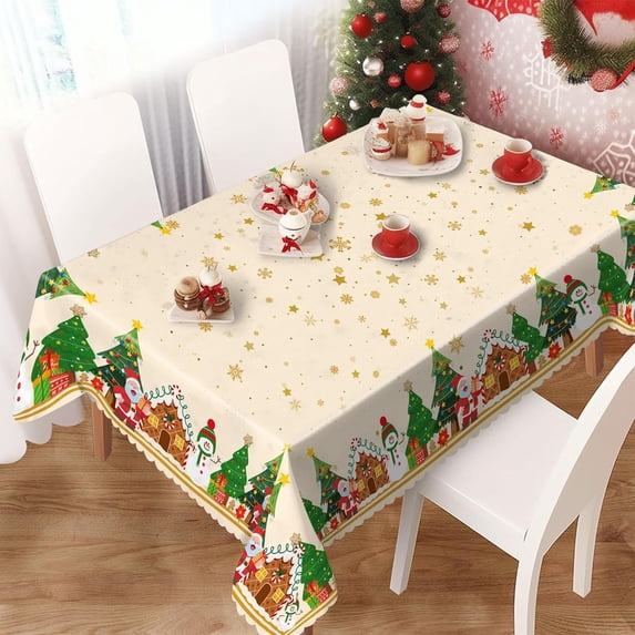 Christmas Tree Tablecloth 60×102 Inch, Santa Claus Snowman Xmas Champagne Table Cloth, Oil Proof Dining Table Cover for Party