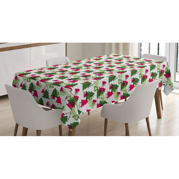 Christmas Tree Tablecloth, Unusual Shapes Pattern with Tree Drawings Hearts and Triangles Holiday Vibe, Rectangle Satin Table Cover for Dining Room and Kitchen, 60" X 90", Multicolor, by Ambesonne