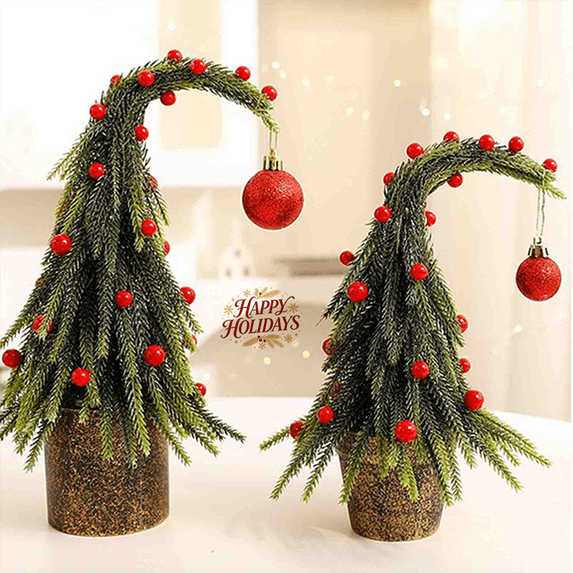 Christmas Tree Tabletop Decor, Bent Artificial Small Xmas Tree with Red Berries & Ornament Ball, Potted Christmas Centerpiece for Mantel, Shelf, Dining Table, Farmhouse Indoor Holiday Party Decor