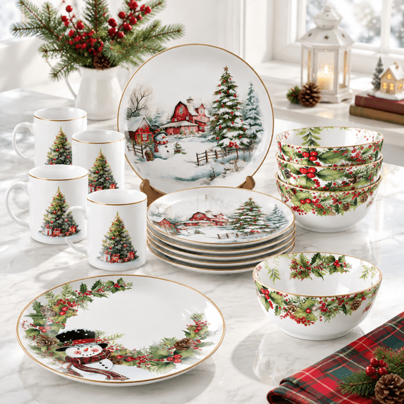 Christmas Tree Tableware Set, 16-Piece Holiday Dinnerware for 4 Guests