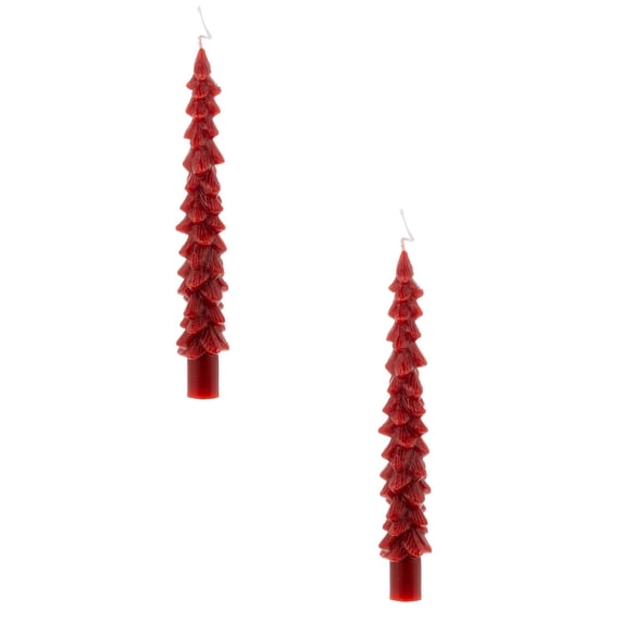 Christmas Tree Taper Candles, Red Unscented Wax, Holiday Table Decor, 2 Piece Set