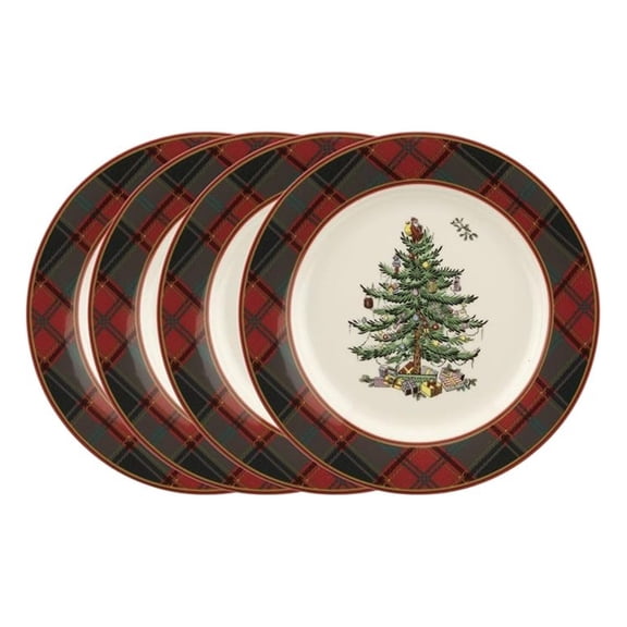 Christmas Tree Tartan Salad Plate (Set of 4) - 7.75" Earthenware Plate, Holiday Tableware for Serving Salads, Appetizers, Desserts - Dishwasher & Microwave Safe, Festive Christmas Dinnerware