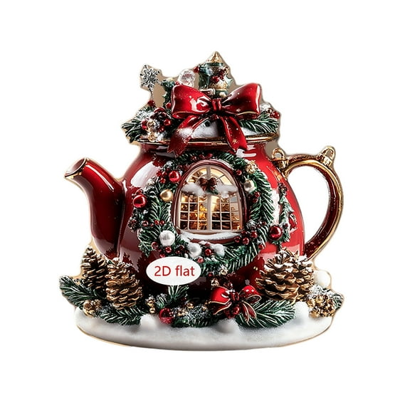 Christmas Tree Teapot Ornaments- 2D Acrylic Christmas Teapot with Mistletoe Accents, Spout, and Ribbon Handle, Decorative Tea Pot for Holiday Party