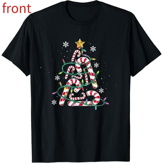 Christmas Tree Tee T Shirt Graphic Tops Candy Cane Striped Holiday Design Casual Short Sleeve Round Neck Black S-5XL