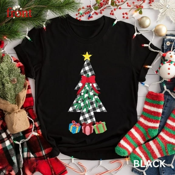 Christmas Tree Tee T Shirt Graphic Tops Lights Cute Holiday Design Short Sleeve Round Neck Black S-5XL