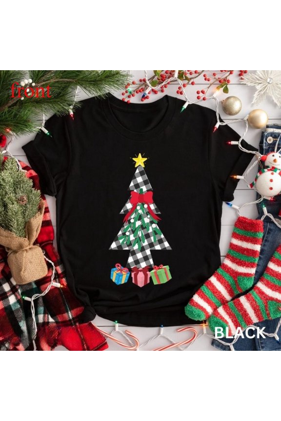 Christmas Tree Tee T Shirt Graphic Tops Lights Cute Holiday Design Regular fit Short Sleeve Round Neck Black S-5XL