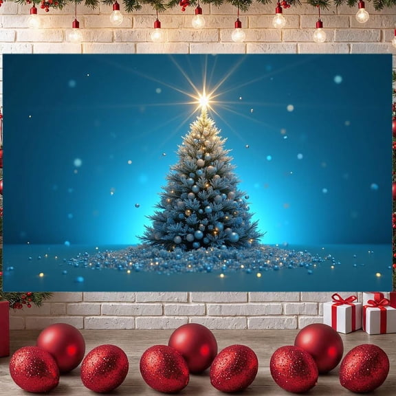 Christmas Tree Theme Christmas Banner Sparkling Star Holiday Banner Silver Ornaments Snowy Design Christmas Tree Banner for Christmas Party Home Decoration Holiday Event