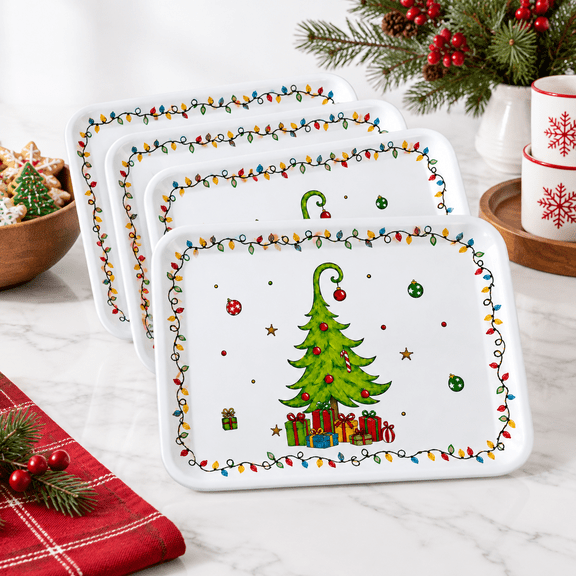 Christmas Tree Themed Serving Trays, Set of 4, Rectangular Platters for Holiday Gatherings