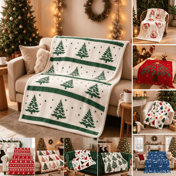 Christmas Tree Throw Blanket, Green Xmas Print, Soft Cozy Flannel for Sofa, Bed Office Travel Home Decor