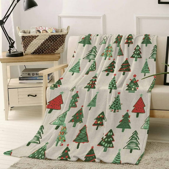 Christmas Tree Throw Flannel Blanket 30x40In Hand Painted Cartoon Trees Linen Texture Super Soft Cozy Bed Blanket, Lightweight Plush Fuzzy Bed Throw for Bedroom Sofa Couch Living Room
