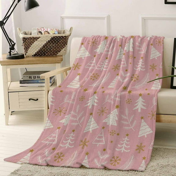 Christmas Tree Throw Flannel Blanket 50x60In Gold Star Snowflakes Winter Pink Background Super Soft Cozy Bed Blanket, Lightweight Plush Fuzzy Bed Throw for Bedroom Sofa Couch Living Room