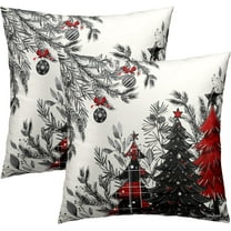 Christmas Tree Throw Pillow Covers 16x16 Set of 2, Winter Xmas Pine Picks Red Black Check Plaid Decorative Pillow Cases Farmhouse Cotton Square Cushion Cover for Couch Sofa Bed