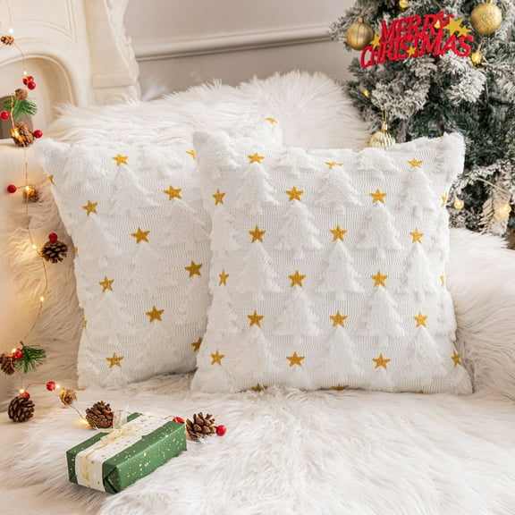 Christmas Tree Throw Pillow Covers Set of 2, Snowflake Faux Fur Throw Pillows for Couch, Winter Holiday Decorations, Farmhouse Soft Plush Pillowcases