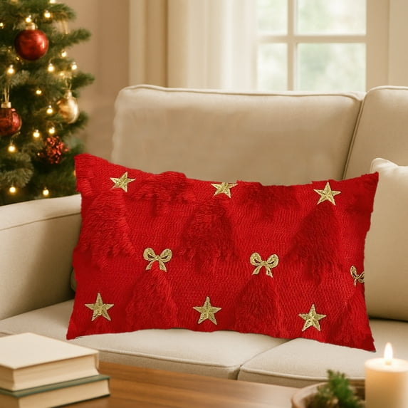 Christmas Tree Throw Pillow, Embroidered Festive Couch Cushion with Insert, Soft Plush Sofa Pillow for Living Room Decor(Red-D)