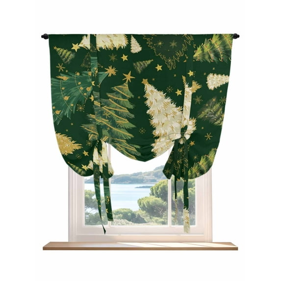 Christmas Tree Tie Up Curtains for Windows 45 Inch Length Balloon Curtains Kitchen Adjustable Balloon Window Shade Green Xmas Tree Winter Tie Up Valance Bathroom Curtain Window 52"x45"