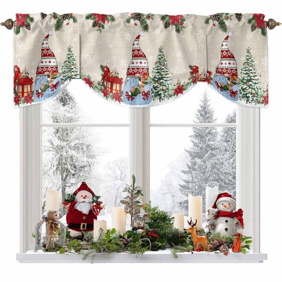 Christmas Tree Tie Up Valances Curtain, Gift Dwarf Flowers Snowflakes Linen Texture Adjustable Rod Pocket Short Window Treatment Tie Up Curtains Valances for Kitchen Living Room Bathroom 54x18 Inches