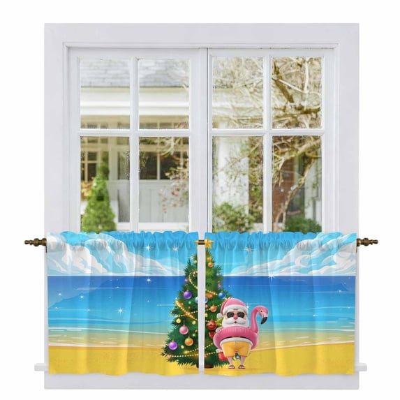 Christmas Tree Tier Curtains, Summer Santa Claus Blue Beach Coastal Light Filtering Kitchen Curtains, 2Pcs Rod Pocket Half Window Treatments Panels for Sink Cafe Cabinet Camper 27.5x36 Inches