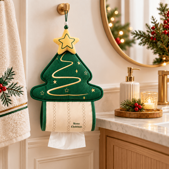 Christmas Tree Toilet Paper Holder, Hanging Tissue Roll Cover with Star Topper, Soft Fabric Bathroom Paper Storage Organizer, 15.7 x 13 in Holiday Bathroom Decor