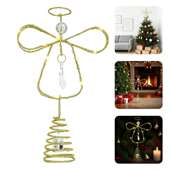 Christmas Tree Top Decoration Topper Angel With Timer 11 Inch Lit Gold Metal Small Angel Topper With Lights for Indoor Outdoor Home Room Party (Battery Operated)