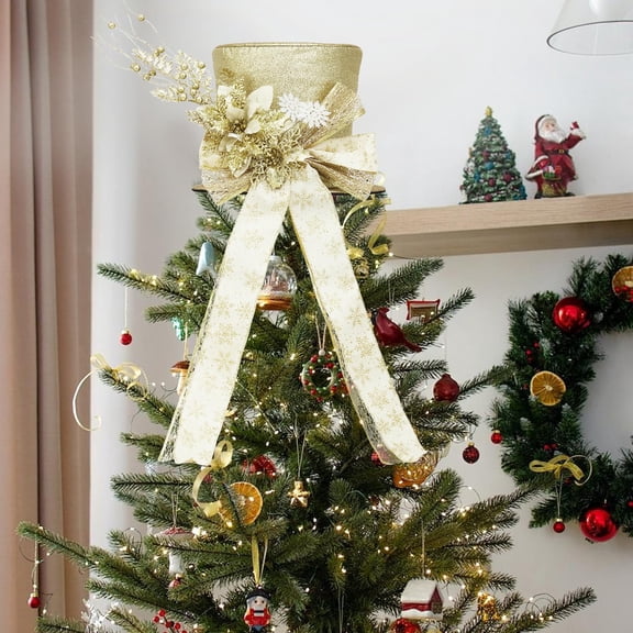 Christmas Tree Top Decorations, 9.88 in Christmas Bow for Christmas Tree, Glitter Christmas Decoration with Bows & Decorative Spruce Branch, Xmas Holiday Decoration