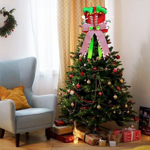 Christmas Tree Top Hat Decoration - Compressible Folding Design with Witch Leg & Striped Bow, Alternative to Tree Top Star, Festive Tree Topper for Christmas Trees, 8.6*20.08in, Multicolor