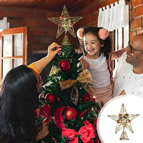 Christmas Tree Top Star with Lights - Iron Five-Pointed Topper, 3D Fleecy Layout, Easy Clip Installation, Safe Festive Decoration, Reusable Holiday Ornament
