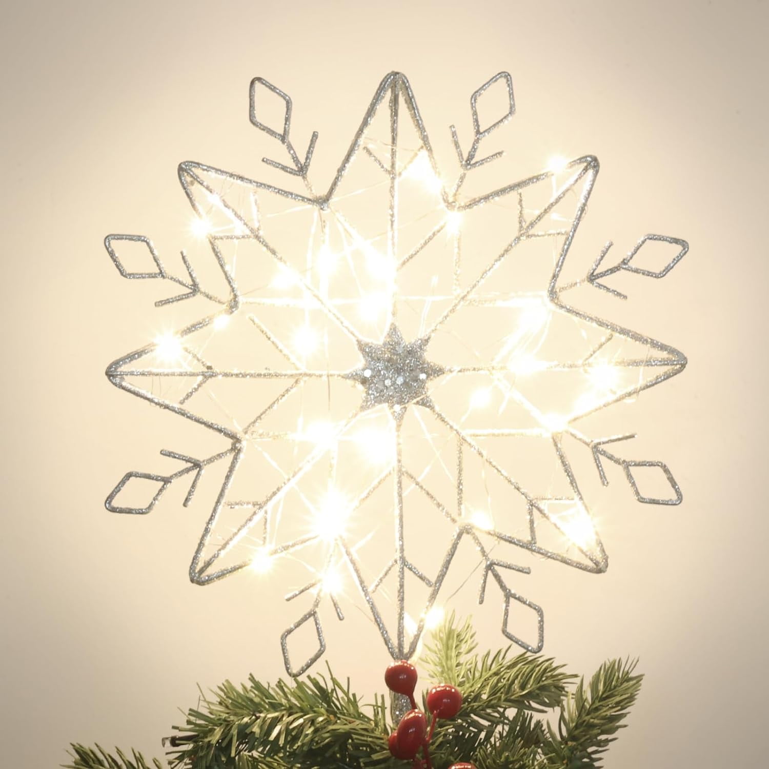 Christmas Tree Topper, 10 Inches Double Layered Silver Snow Lighted