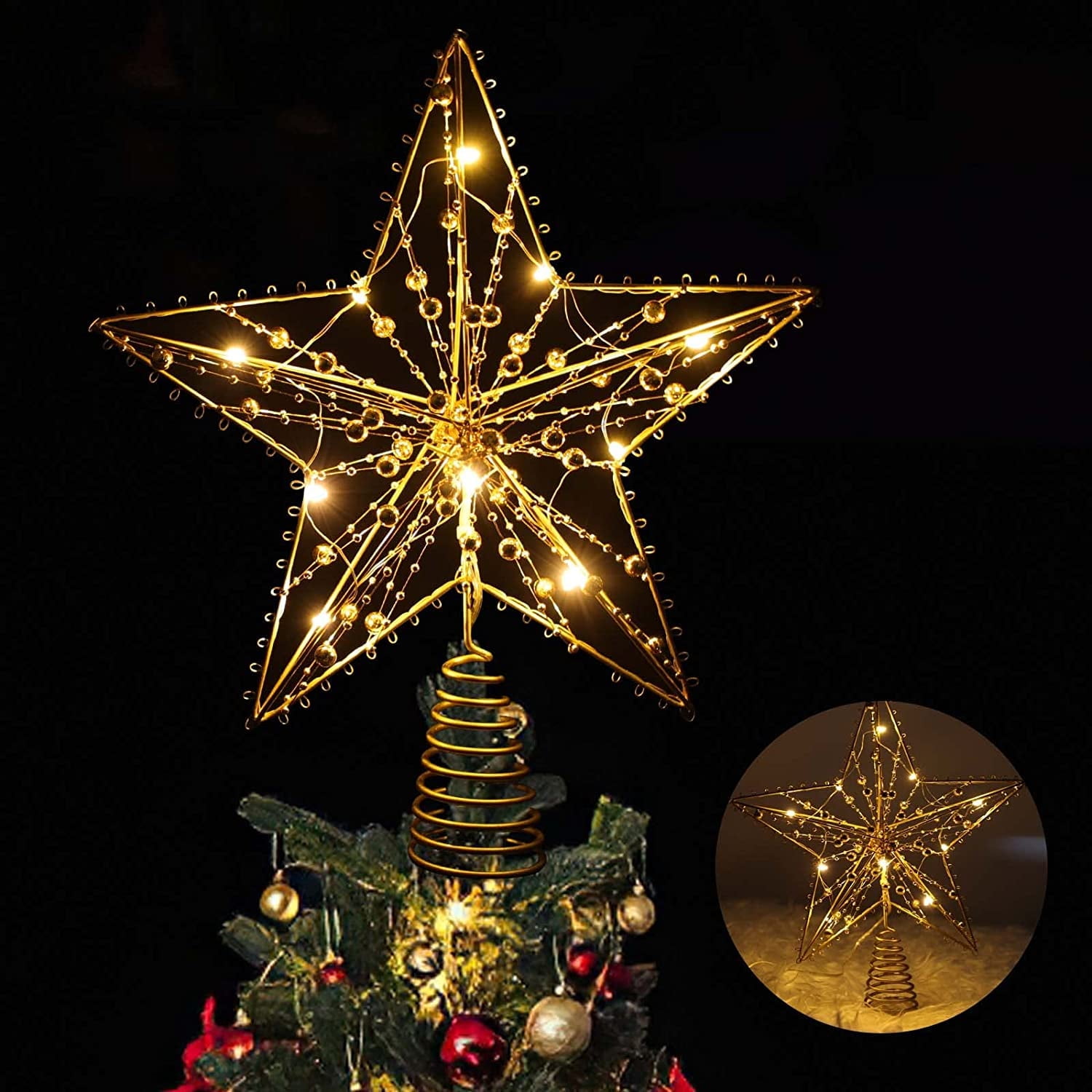 Christmas Tree Topper, 10 LEDS Tgnazet 9.84 Inch Christmas Star Tree Topper with Lights Beads, Battery Operated Tree Toppers for Christmas Xmas Tree Holiday Party Decor, Gold Star Warm White