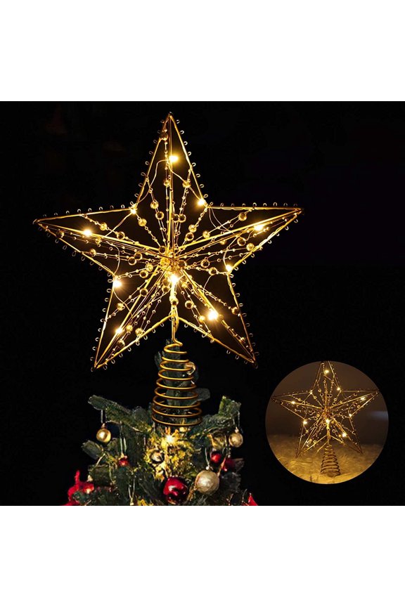 Christmas Tree Topper, 10 LEDS Tgnazet 9.84 Inch Christmas Star Tree Topper with Lights Beads, Battery Operated Tree Toppers for Christmas Xmas Tree Holiday Party Decor, Gold Star Warm White