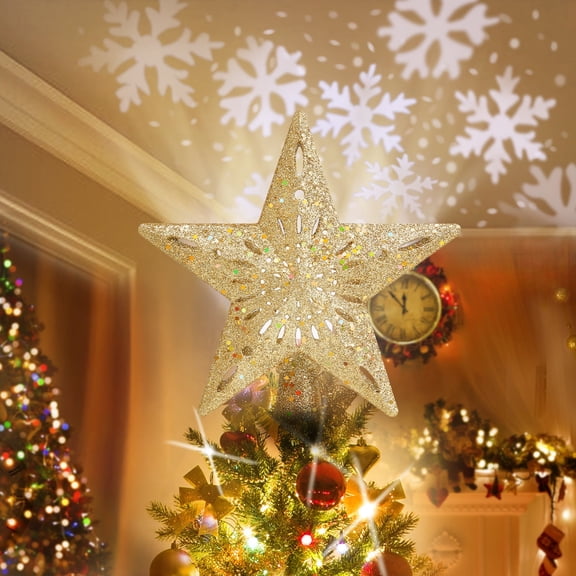 Christmas Tree Topper, 10” Snowflake Tree Toppers Lighted Indoor with Rotating 3D Snowflake LED Projector Hollow Glitter Lighted for Tree Christmas Decorations Holiday, Gold