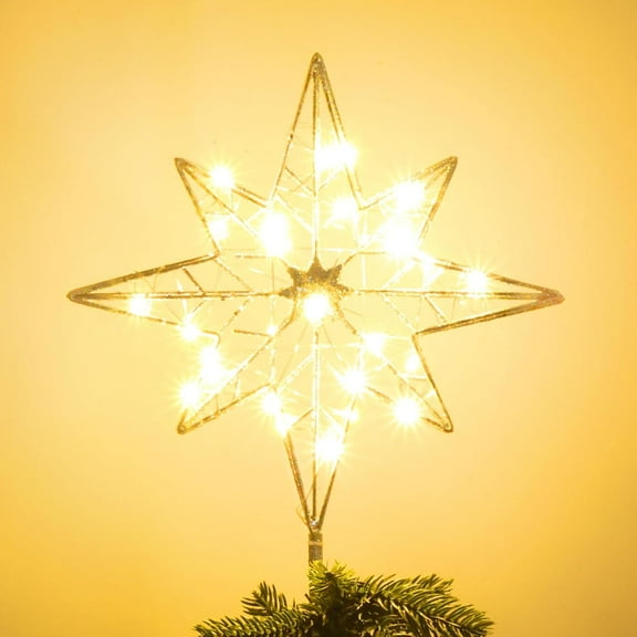 Christmas Tree Topper, 11 Inches Lighted Gold Glittered 8-Point Star Tree Topper, 30 LED Sparkling Tree Toppers Christmas Decorations, Battery Powered Timer Xmas Treetop Star Decor