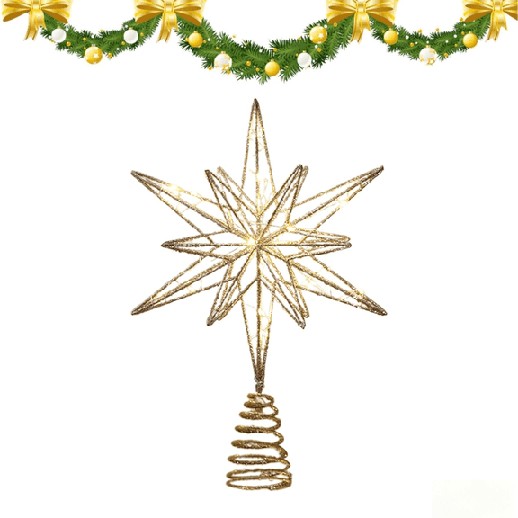 Christmas Tree Topper 13 Inches Lighted Gold Glittered LED Sparkling, Xmas Treetop Star Decor Battery Powered Timer, Festive Holiday Christmas Decorations