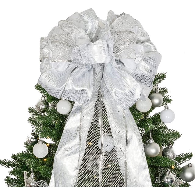 Christmas Tree Topper, 32x12 Inches Large Toppers Bow with Glitter Streamer, White Velvet Ribbon
