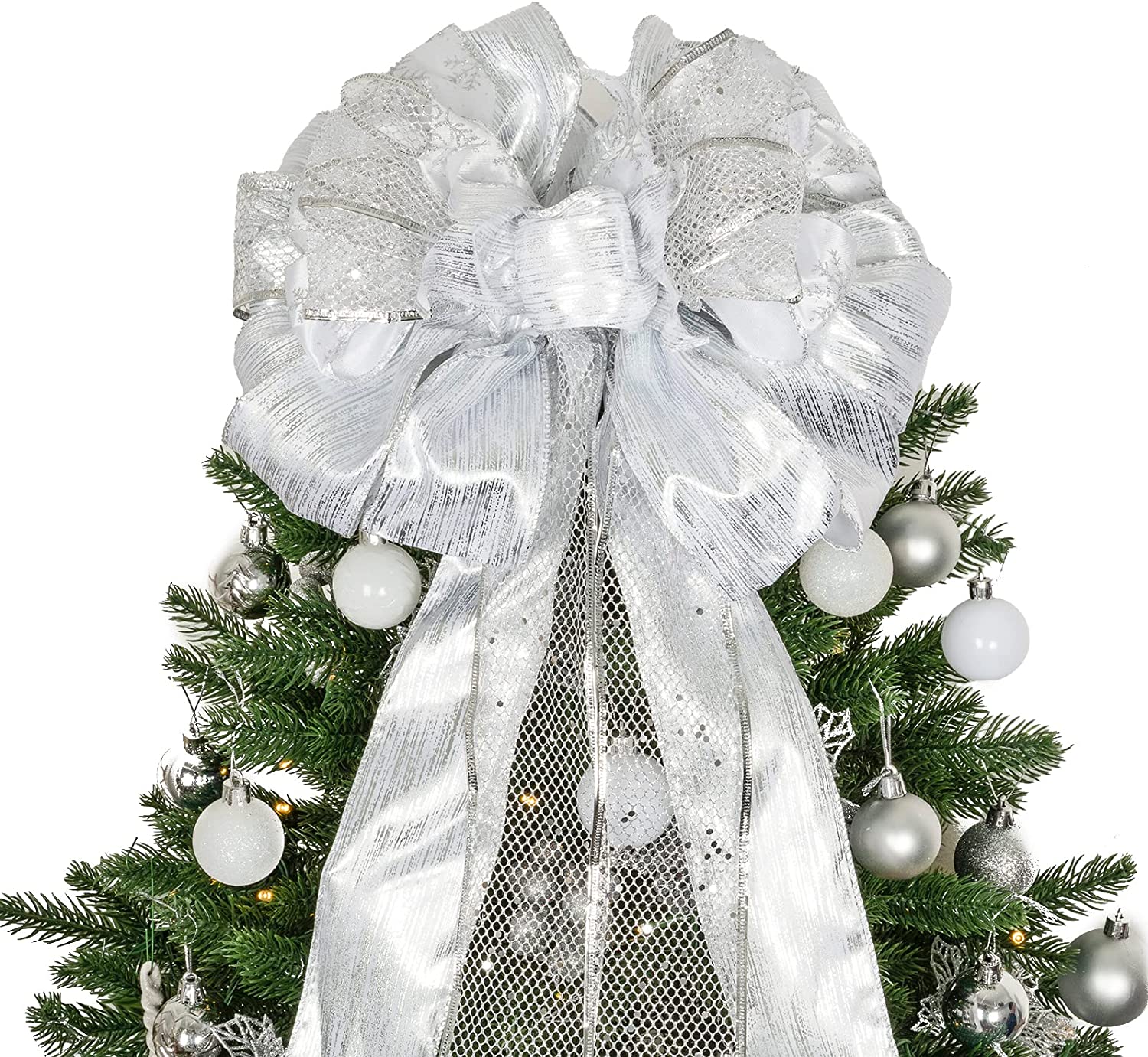 Christmas Tree Topper, 32x12 Inches Large Toppers Bow with Glitter