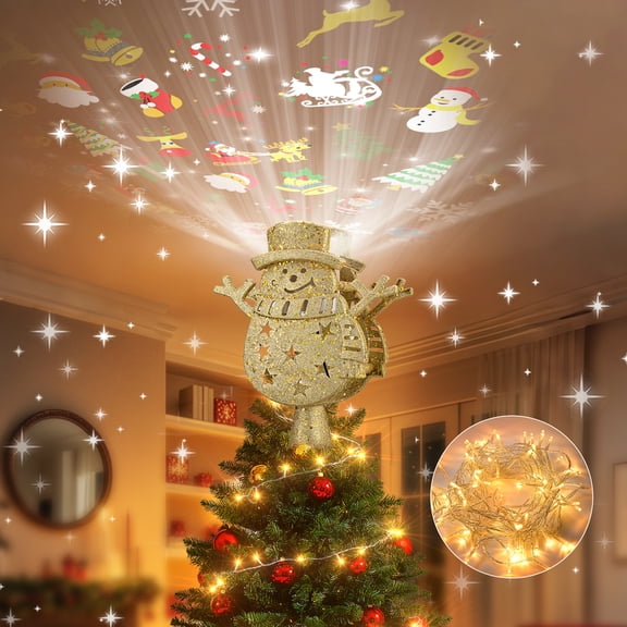 Christmas Tree Topper, 3D Glitter Snowflake Tree Topper with 6 Projection Modes, Striking Christmas Tree Decoration - Gold