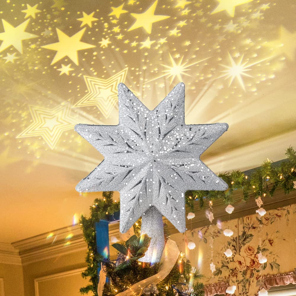 Christmas Tree Topper. 3D Silver Eight Pointed Star Tree Topper Lighted