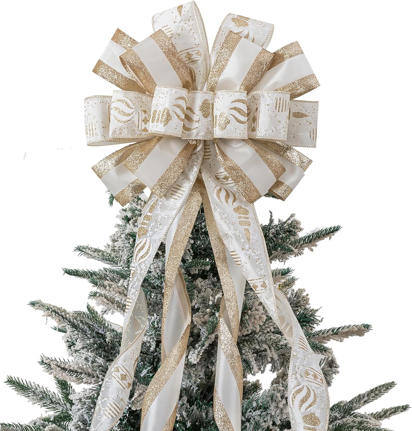 Christmas Tree Topper, 40x13 Inches Toppers Bow with Glitter Satin Mesh ...