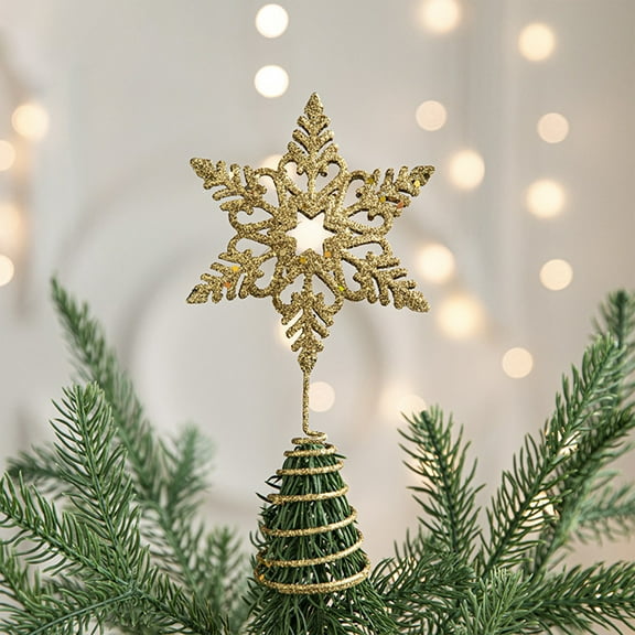 Christmas Tree Topper, 5 Point Star Tree Topper, Gold Glittered Christmas Tree Decoration with Built-In Soft Glowing Lights, Durable Iron and Plastic Material, Indoor Outdoor Use, Easy Installation