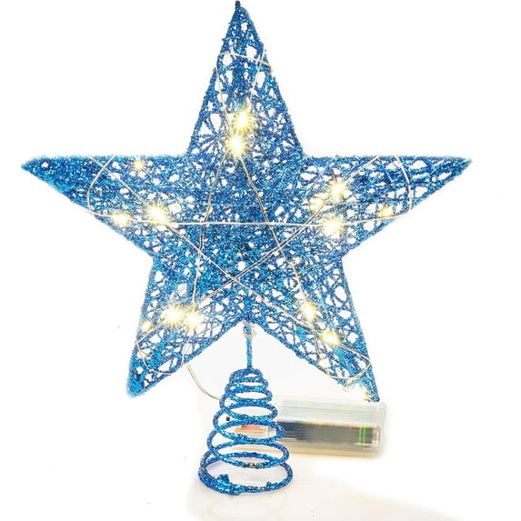 Christmas Tree Topper 8'' Blue - Glittered Blue Star Hallow Tree Topper for Mas Tree Decorations/Holiday Party Home Indoor/Bar Shop Office