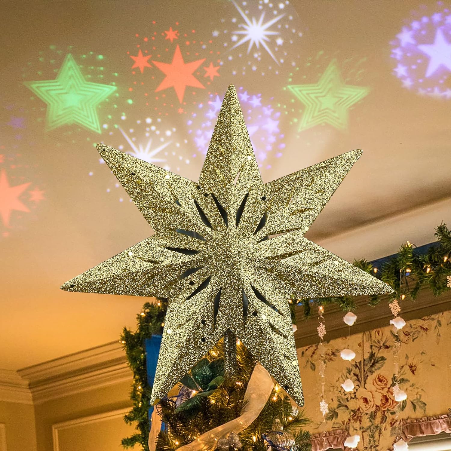 Christmas Tree Topper, 8" Gold Christmas Tree Star with Projector