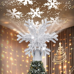 Christmas Tree Topper, 9.6” Snowflake Tree Toppers Lighted Indoor with Rotating 3D Silver Snowflake LED Projector Hollow Glitter Lighted for Tree Christmas Decorations Holiday Ornaments