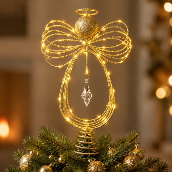 COOKEY Christmas Tree Topper, 10 Inch Pre-Lit Angel Tree Topper, Golden Classic Retro Angel Tree Topper for Christmas Tree Decoration Indoors, Battery-Operated