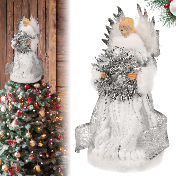 Christmas Tree Topper Angel Topper Xmas Tree Toppers Decorations Ornament with Feather Wings Plug in Angel Christmas Tree Topper for Home Holiday Party Wedding Decor